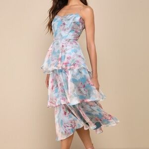 Lulus Darling Aesthetic Light Blue Floral Print Tiered Midi Dress - Size XS